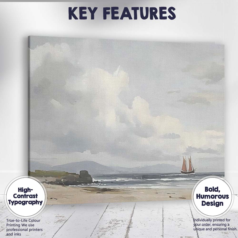 Coastal Beach Sailing Boat Seascape Under Dramatic Clouds Canvas Wall Art Print Decor Picture Ready to Hang