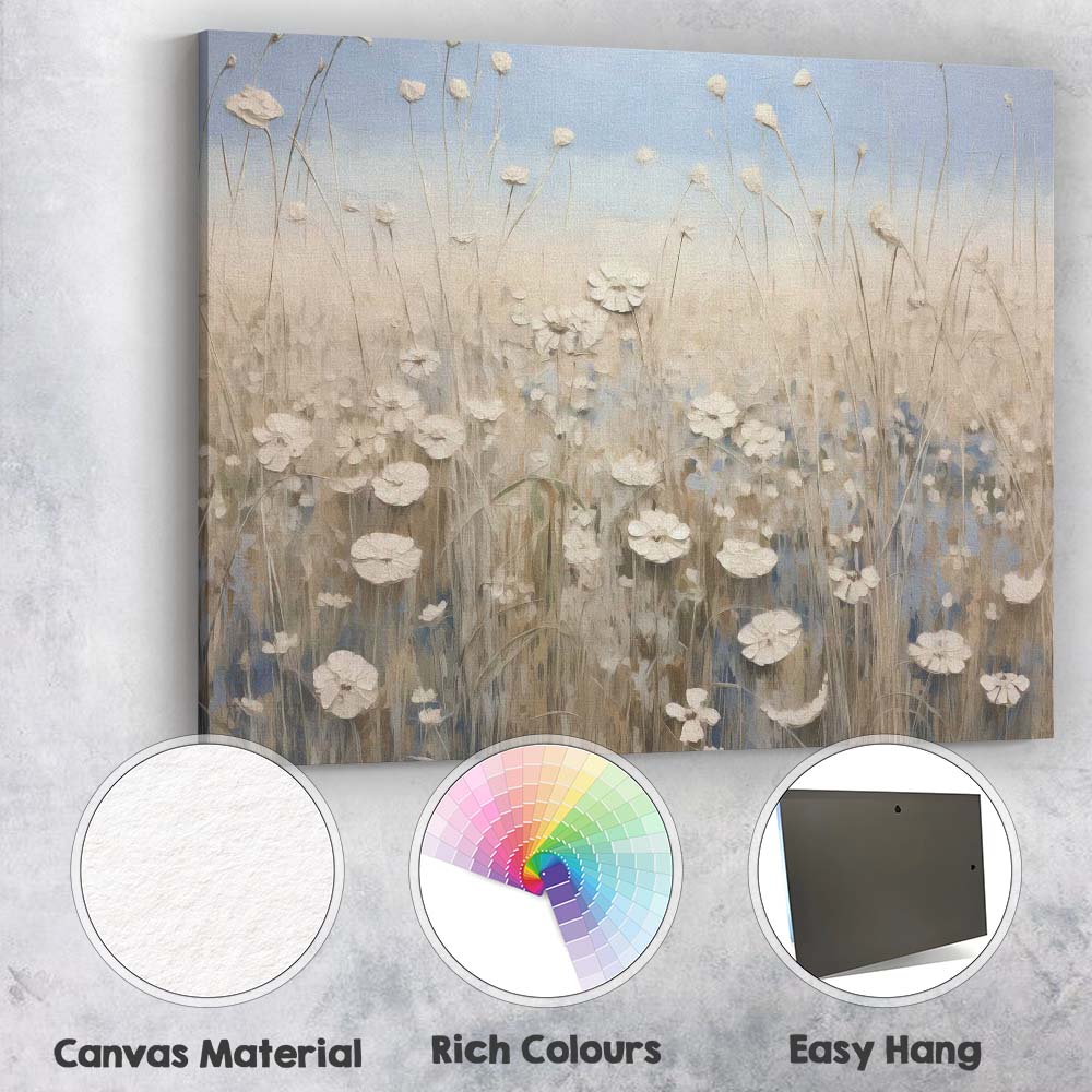 Neutral White Wildflower Meadow Botanical Nature Landscape Canvas Wall Art Print Decor Picture Ready to Hang