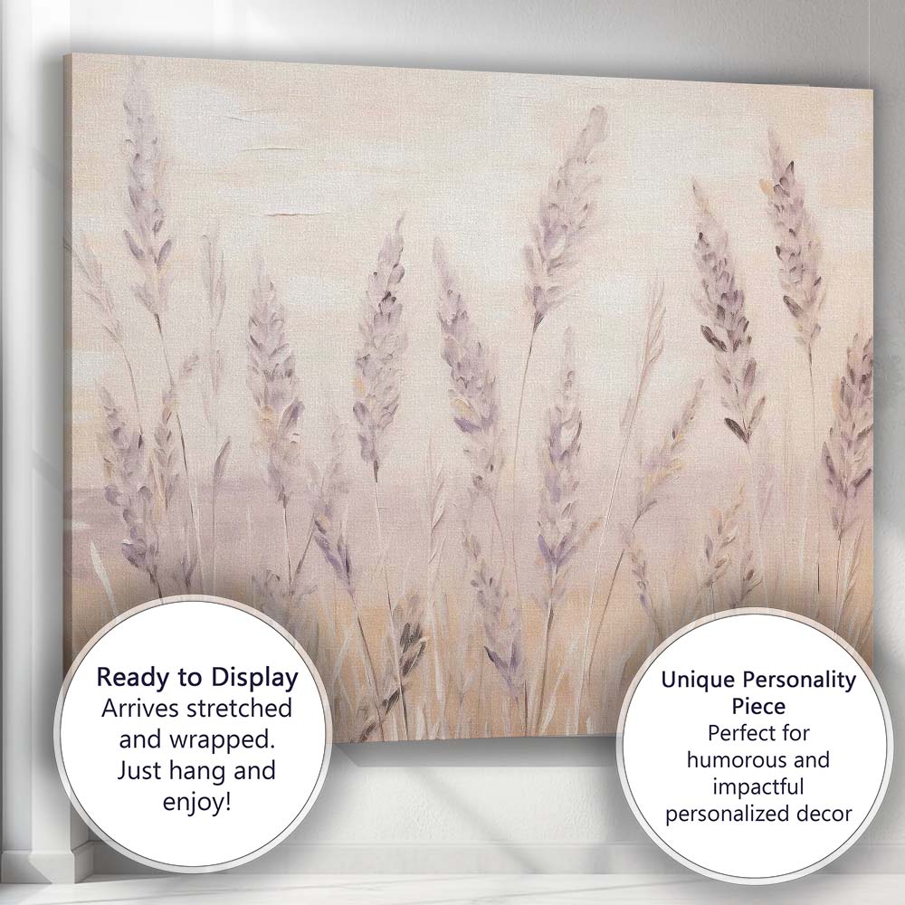 Neutral Beige Lavender Wildflower Botanical Meadow Painting Canvas Wall Art Print Decor Picture Ready to Hang