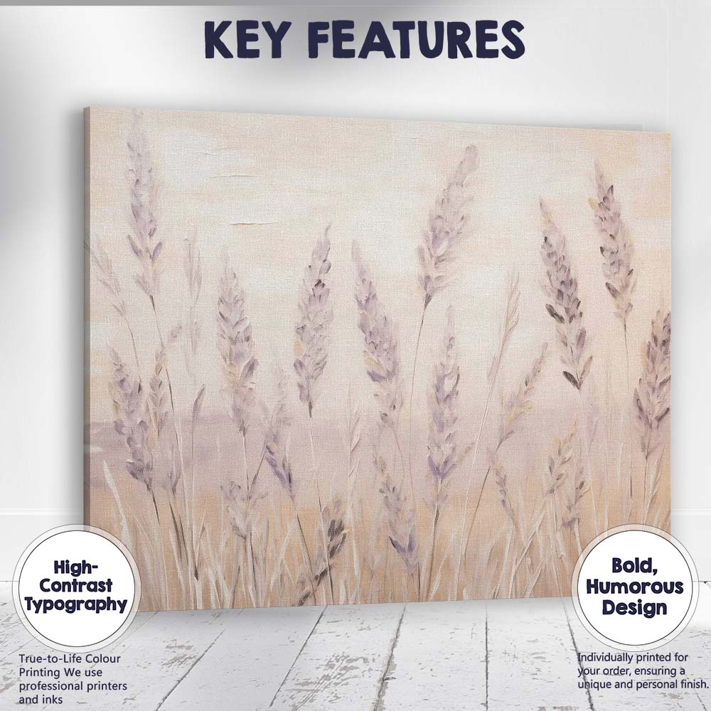 Neutral Beige Lavender Wildflower Botanical Meadow Painting Canvas Wall Art Print Decor Picture Ready to Hang