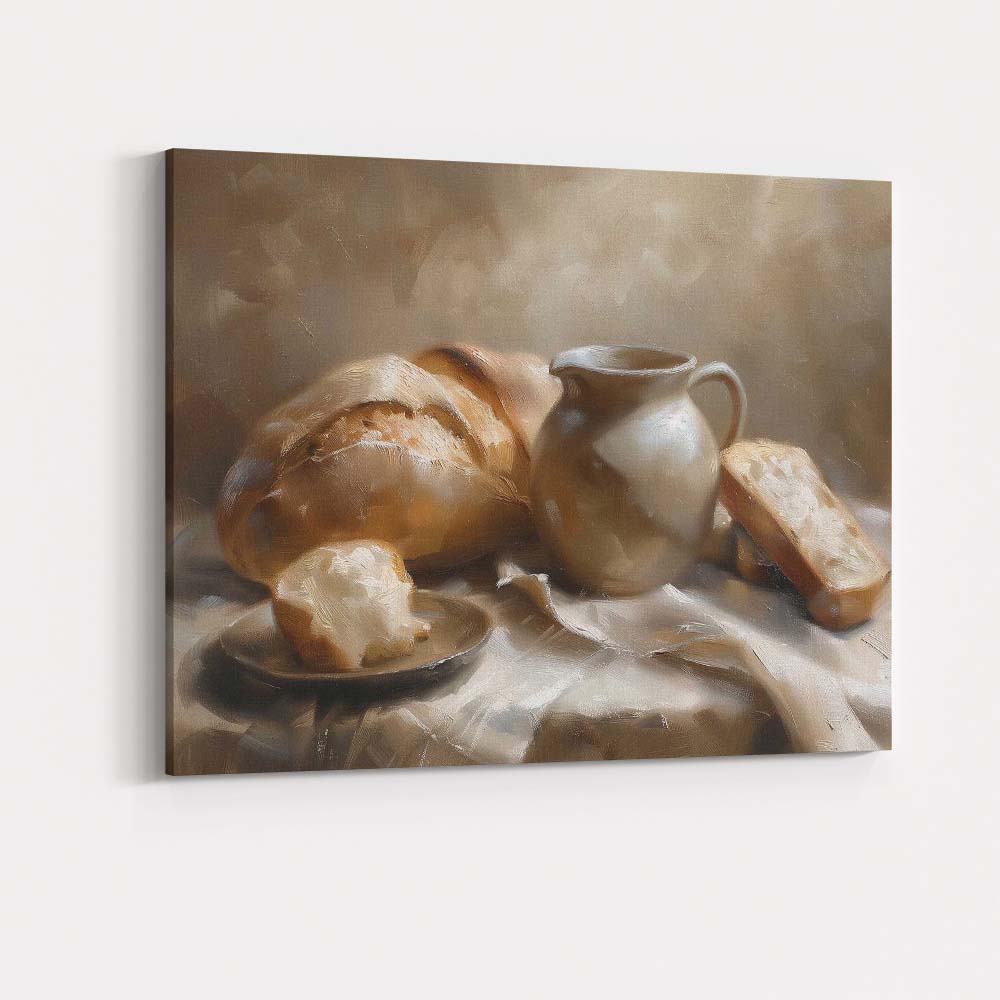 Rustic Bread Loaf Butter And Ceramic Jug Still Life Canvas Wall Art Print Decor Picture Ready to Hang