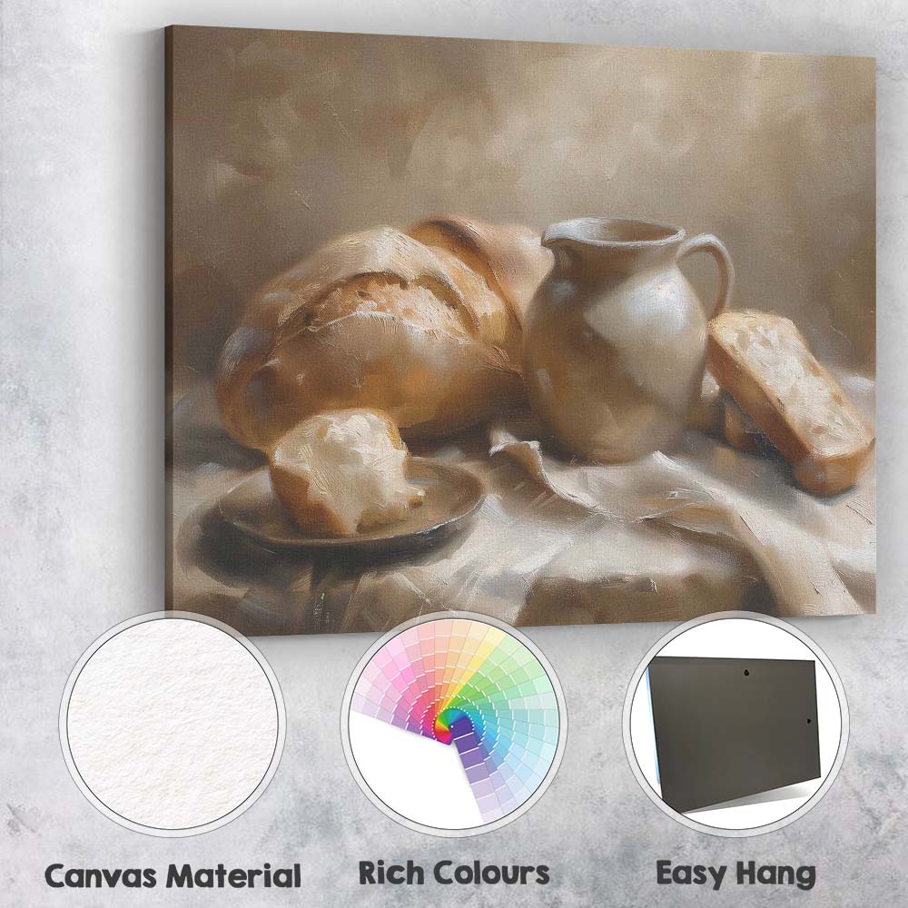 Rustic Bread Loaf Butter And Ceramic Jug Still Life Canvas Wall Art Print Decor Picture Ready to Hang