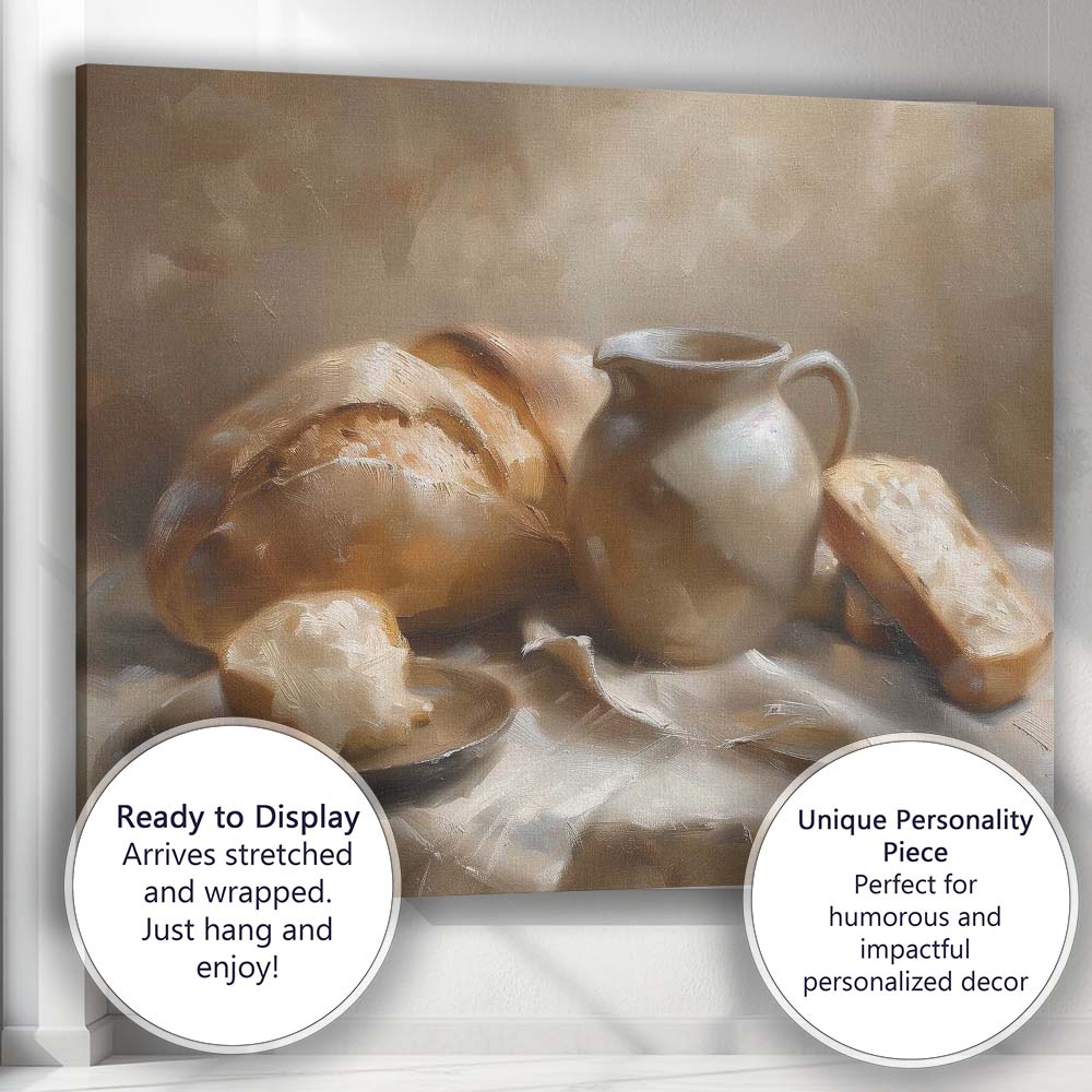 Rustic Bread Loaf Butter And Ceramic Jug Still Life Canvas Wall Art Print Decor Picture Ready to Hang