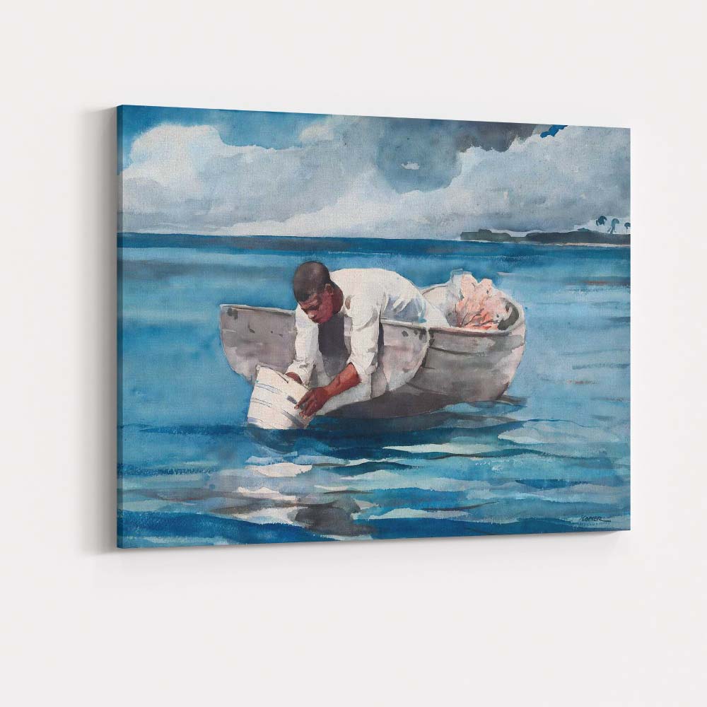 Watercolour Fisherman In Rowboat Tropical Lagoon Scene Canvas Wall Art Print Decor Picture Ready to Hang