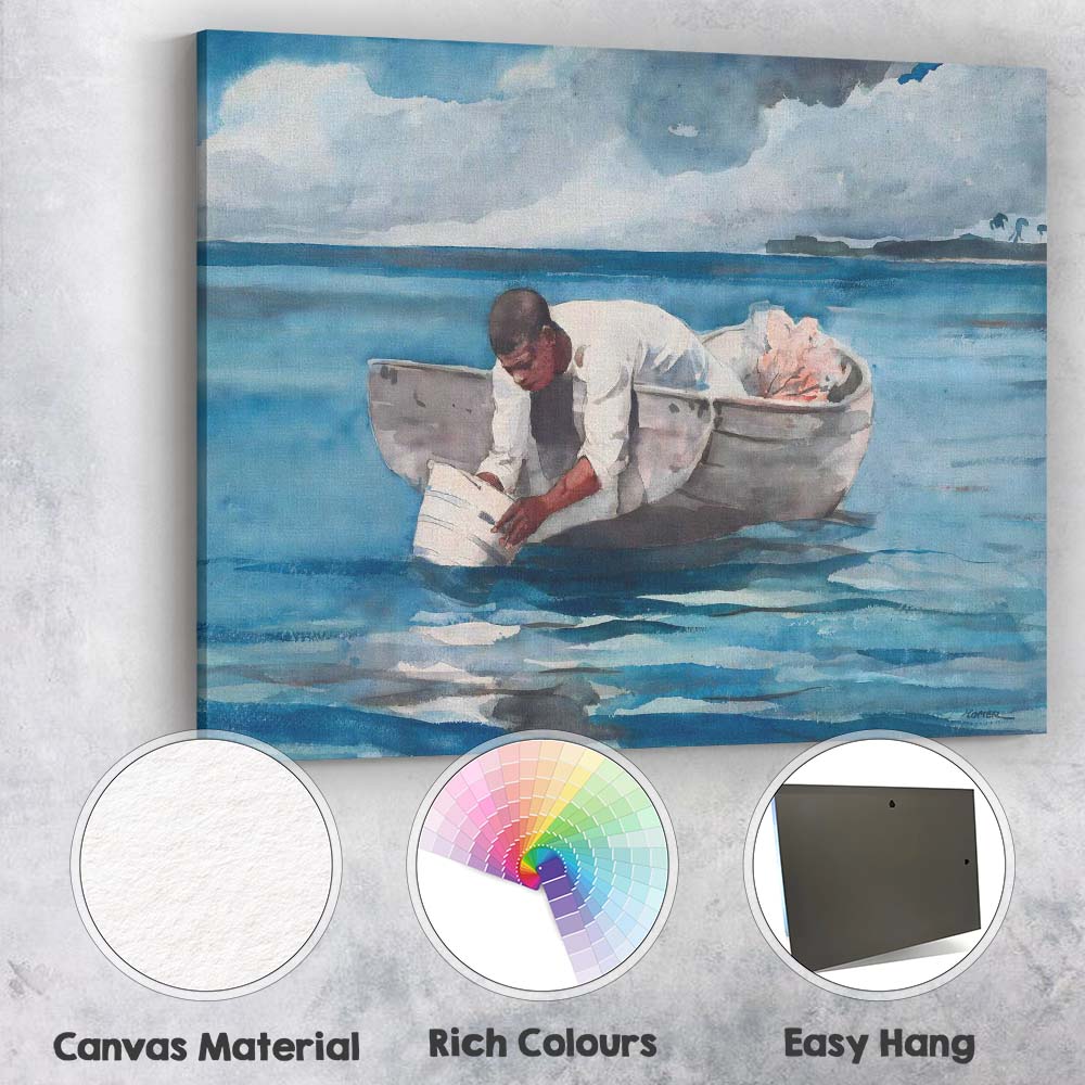 Watercolour Fisherman In Rowboat Tropical Lagoon Scene Canvas Wall Art Print Decor Picture Ready to Hang