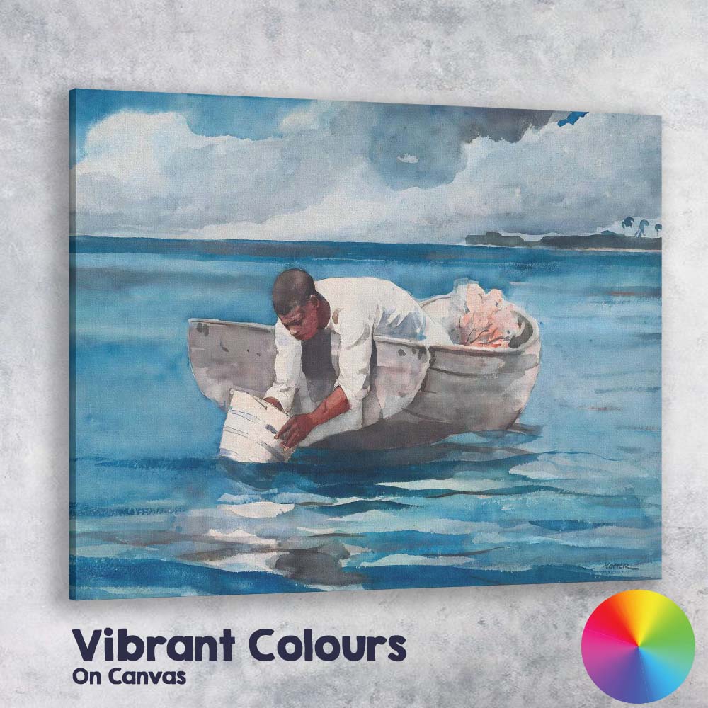 Watercolour Fisherman In Rowboat Tropical Lagoon Scene Canvas Wall Art Print Decor Picture Ready to Hang