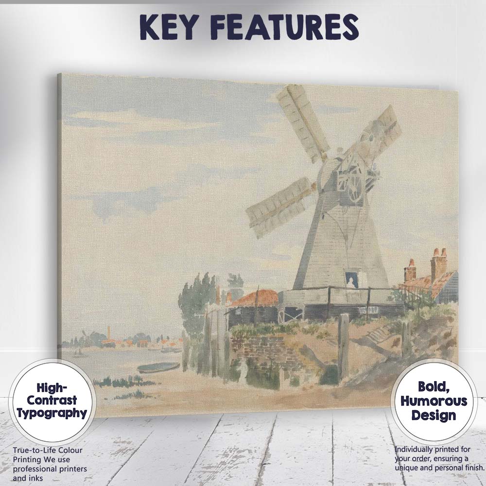 Traditional Watercolour Coastal Windmill Seaside Village Landscape Canvas Wall Art Print Decor Picture Ready to Hang