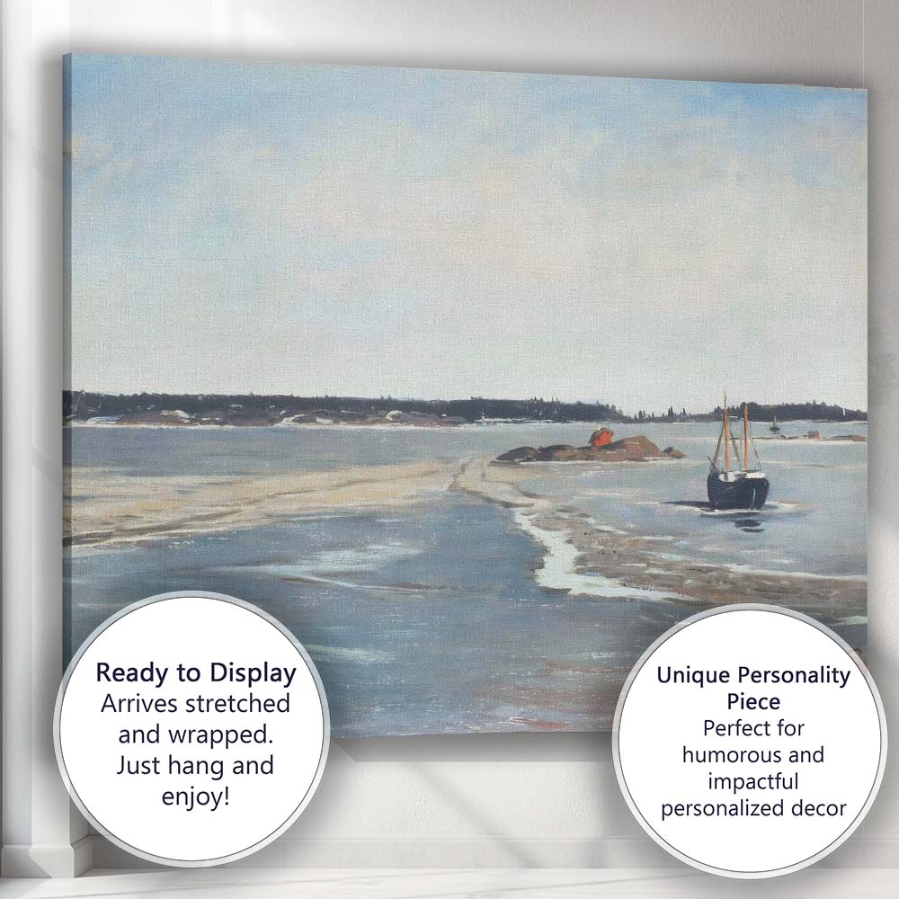 Peaceful Blue Coastal Inlet Fishing Boat Seascape Painting Canvas Wall Art Print Decor Picture Ready to Hang