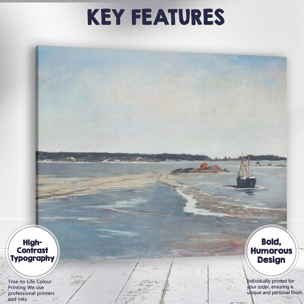 Peaceful Blue Coastal Inlet Fishing Boat Seascape Painting Canvas Wall Art Print Decor Picture Ready to Hang