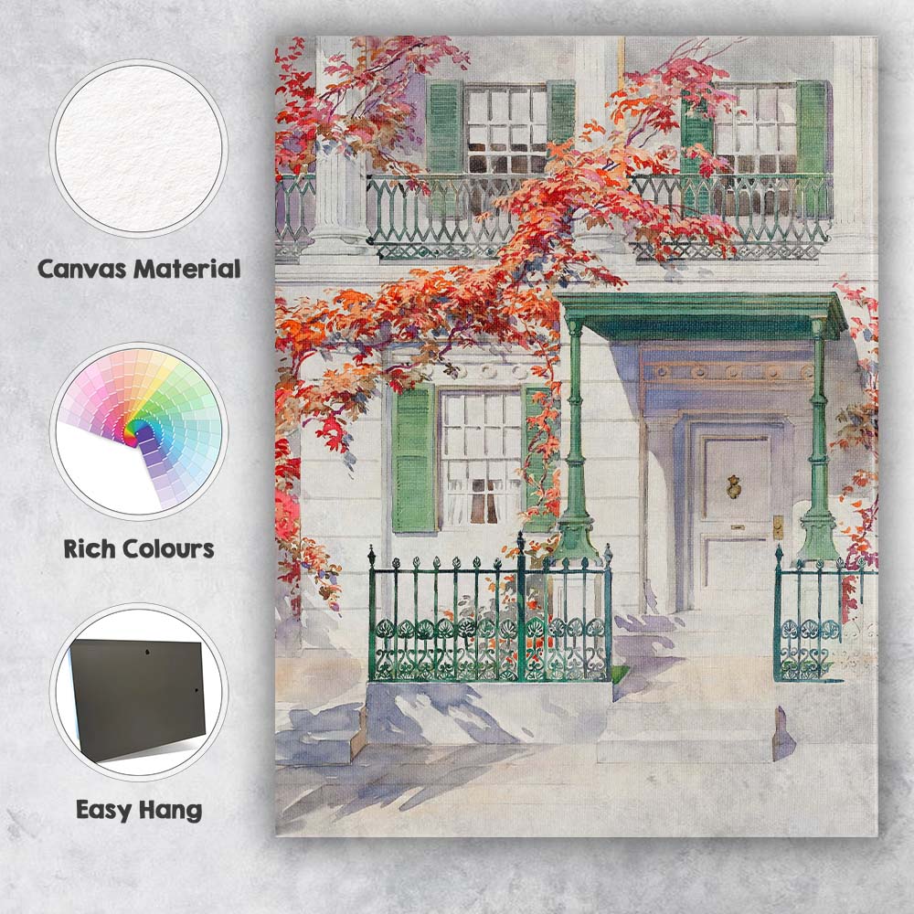Elegant White Georgian House Autumn Climbing Ivy Watercolour Canvas Wall Art Print Decor Picture Ready to Hang