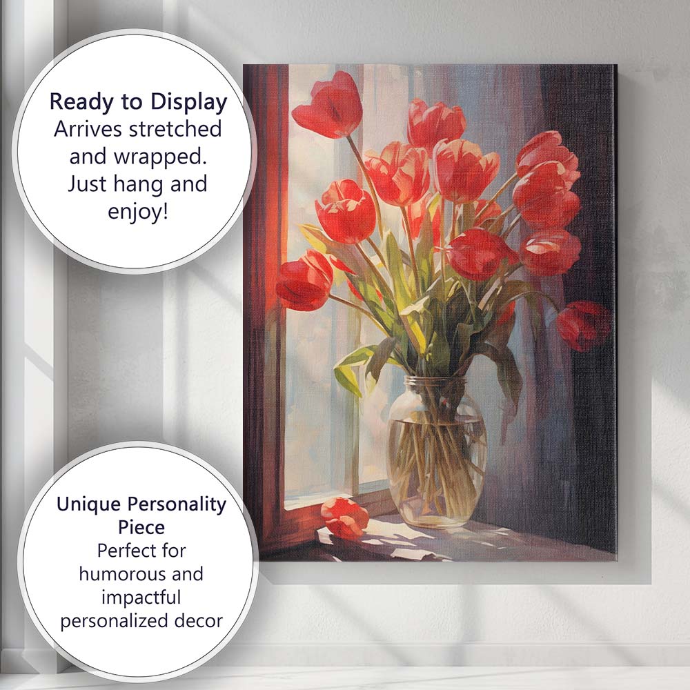 Sunlit Red Tulip Bouquet Glass Vase Still Life Canvas Wall Art Print Decor Picture Ready to Hang