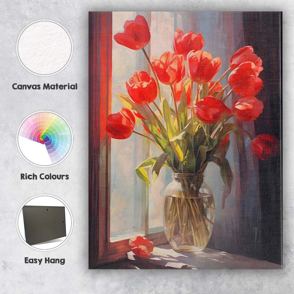 Sunlit Red Tulip Bouquet Glass Vase Still Life Canvas Wall Art Print Decor Picture Ready to Hang