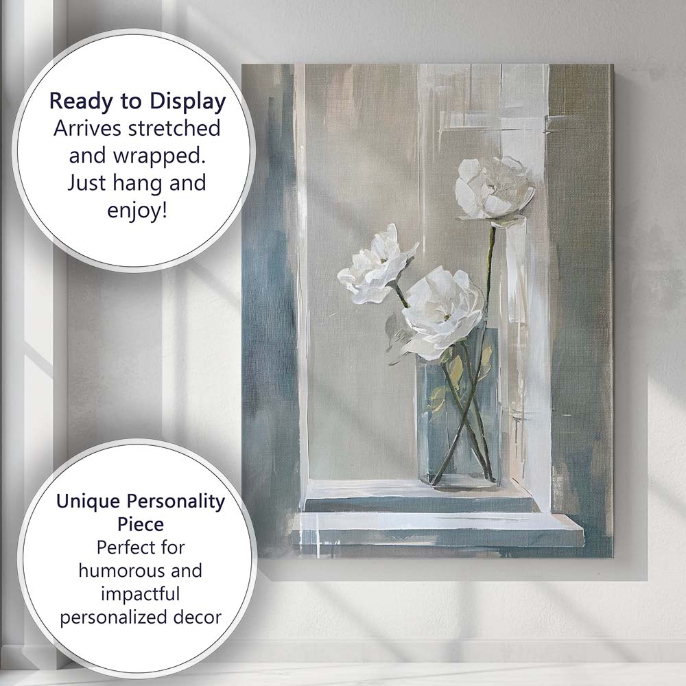 Elegant White Rose Floral Arrangement Minimalist Painting Canvas Wall Art Print Decor Picture Ready to Hang