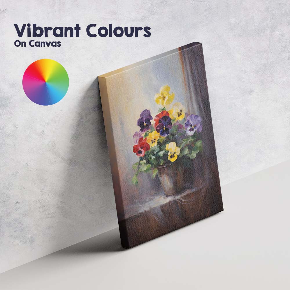 Vibrant Multicoloured Pansy Flower Pot Botanical Painting Canvas Wall Art Print Decor Picture Ready to Hang