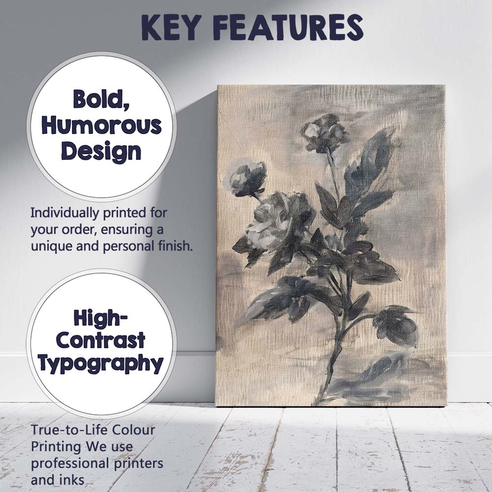 Monochrome Botanical Floral Brushstroke Minimalist Painting Canvas Wall Art Print Decor Picture Ready to Hang