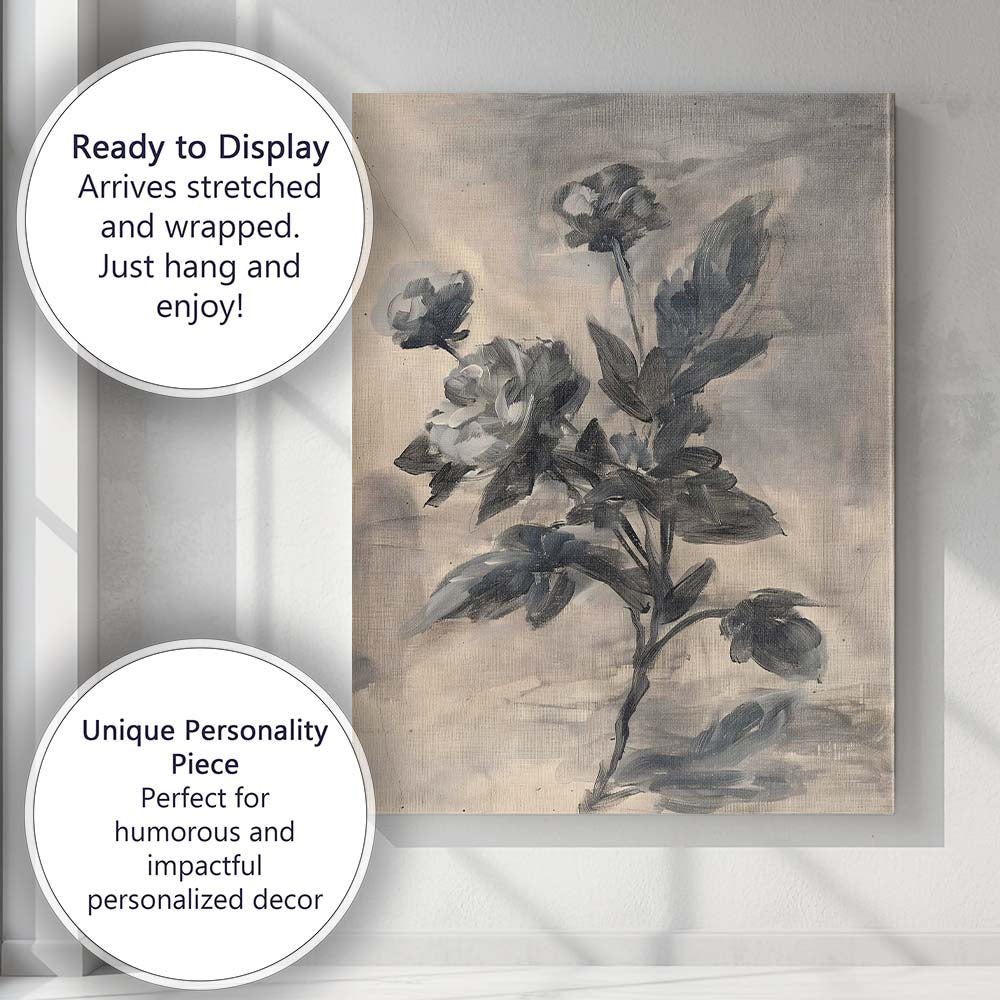 Monochrome Botanical Floral Brushstroke Minimalist Painting Canvas Wall Art Print Decor Picture Ready to Hang