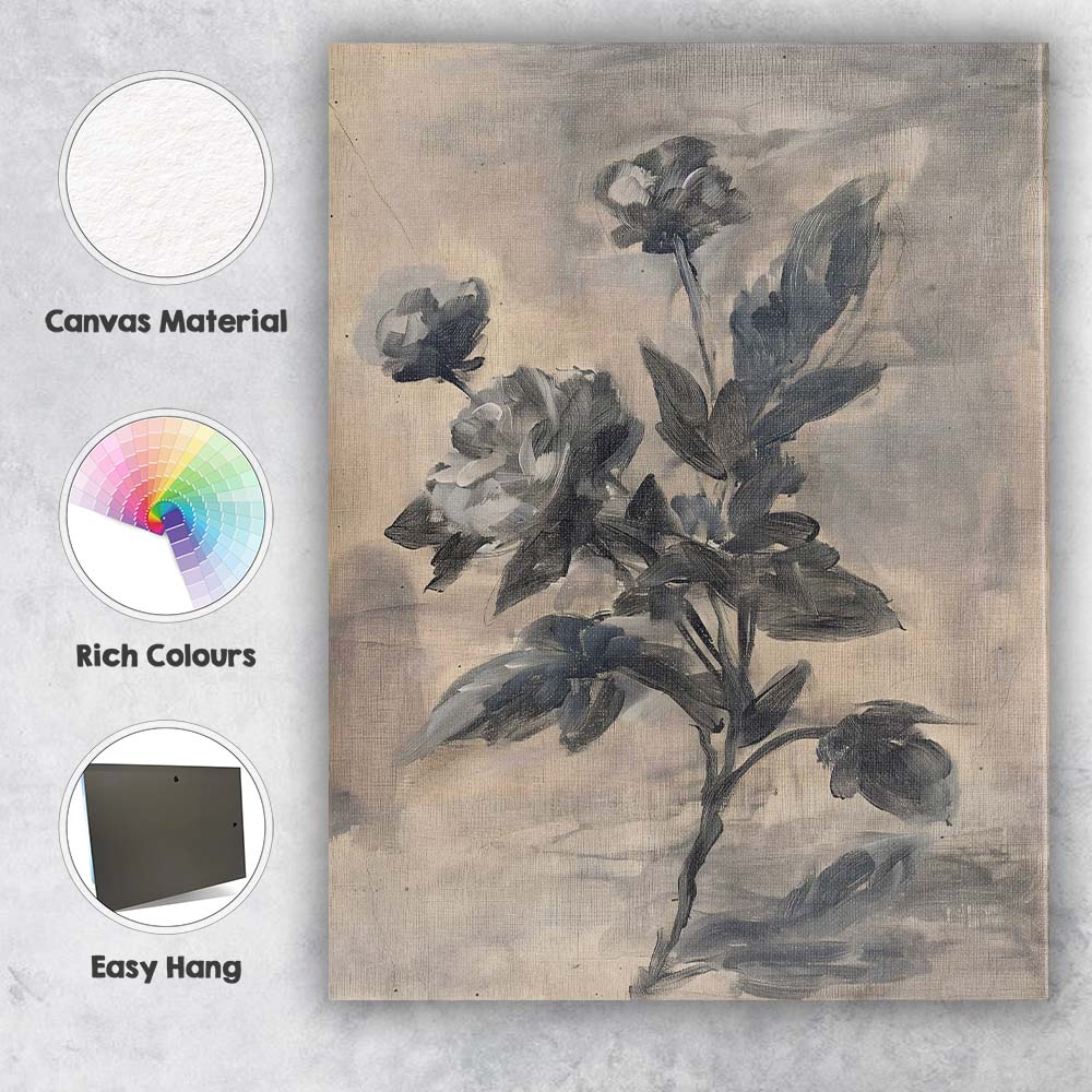 Monochrome Botanical Floral Brushstroke Minimalist Painting Canvas Wall Art Print Decor Picture Ready to Hang