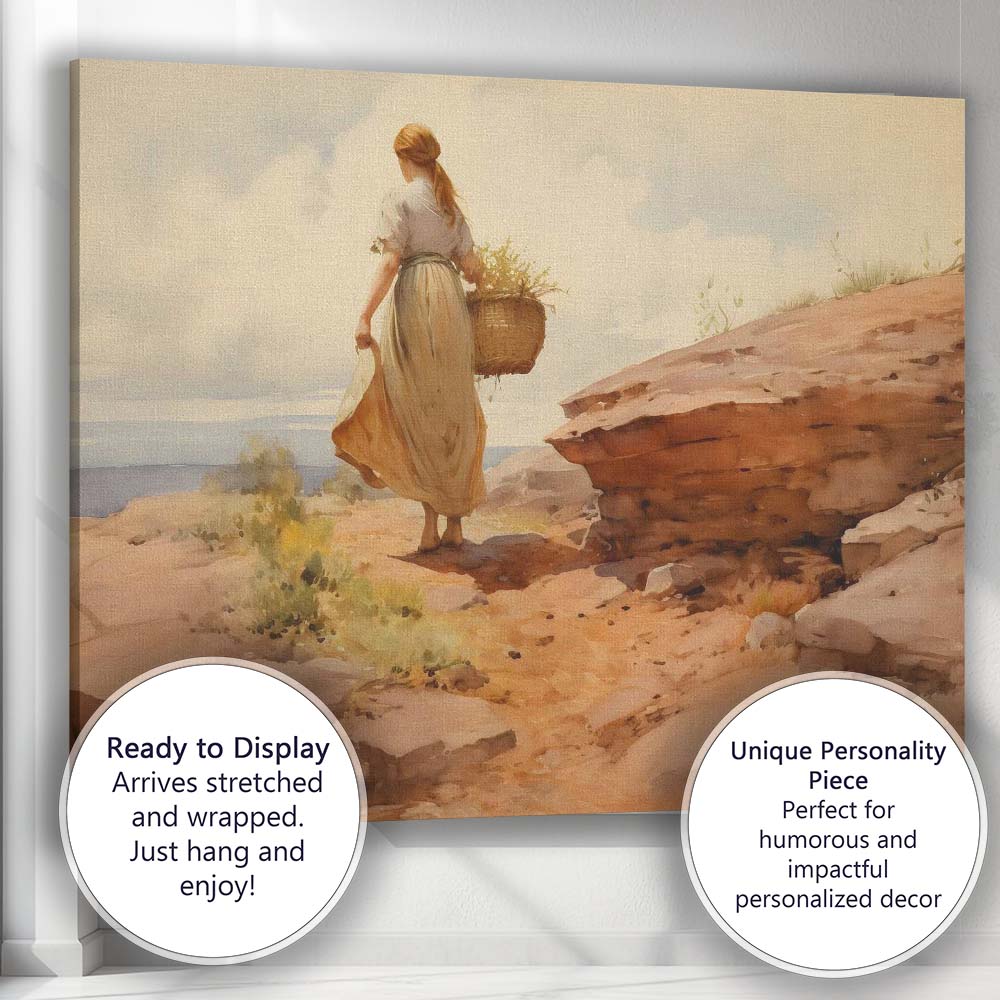 Rustic Country Girl Walking With Basket Watercolour Landscape Canvas Wall Art Print Decor Picture Ready to Hang
