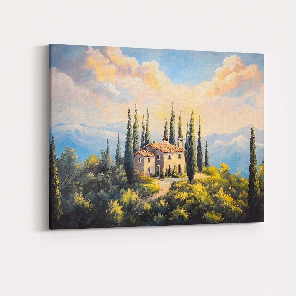 Tuscan Country Villa Cypress Trees Mountain Landscape Canvas Wall Art Print Decor Picture Ready to Hang