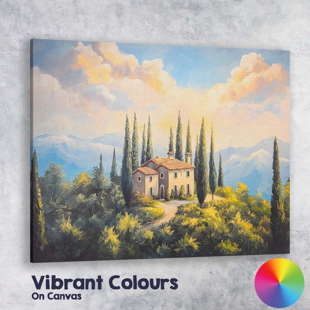 Tuscan Country Villa Cypress Trees Mountain Landscape Canvas Wall Art Print Decor Picture Ready to Hang