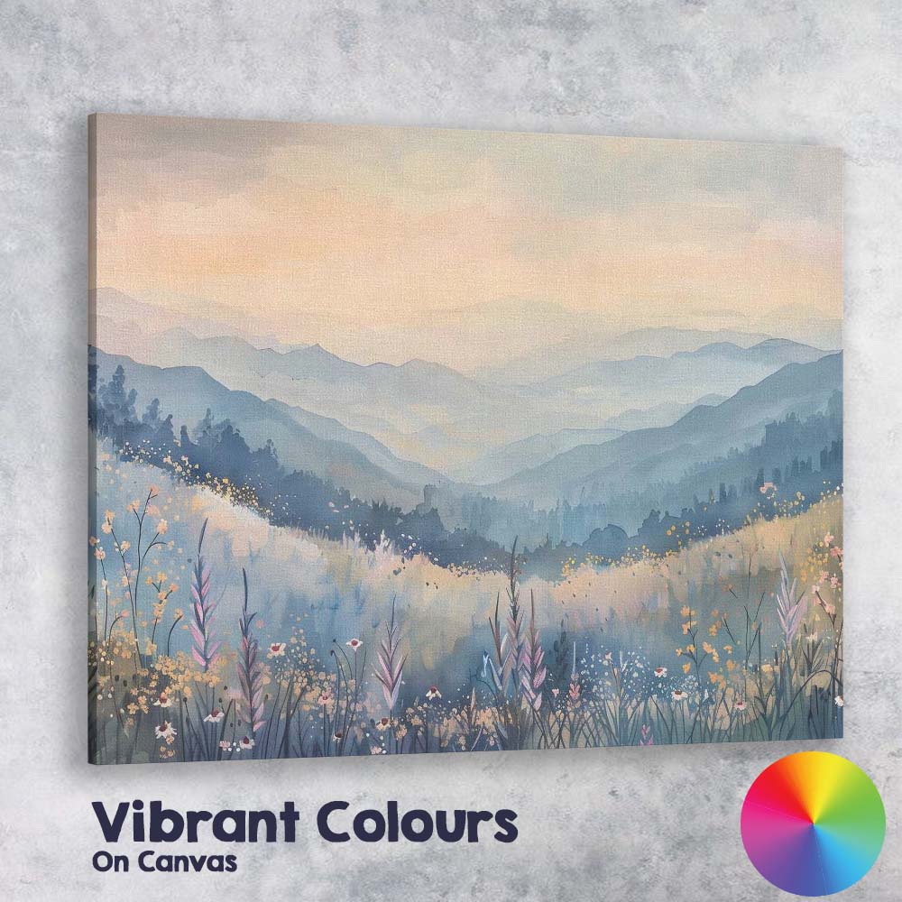 Soft Misty Blue Mountain Wildflower Meadow Landscape Canvas Wall Art Print Decor Picture Ready to Hang
