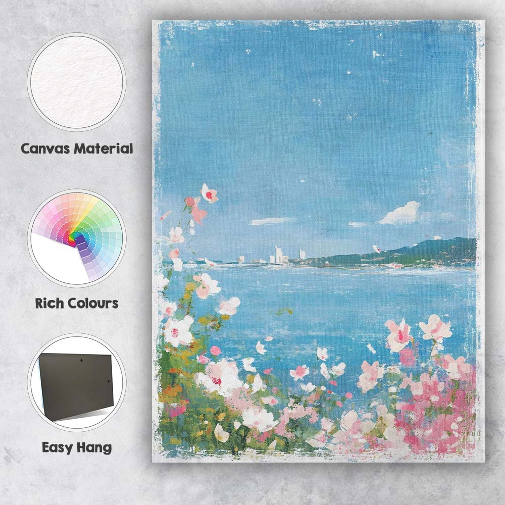 Coastal Blue Seascape Wildflower Garden Scenic Landscape Canvas Wall Art Print Decor Picture Ready to Hang