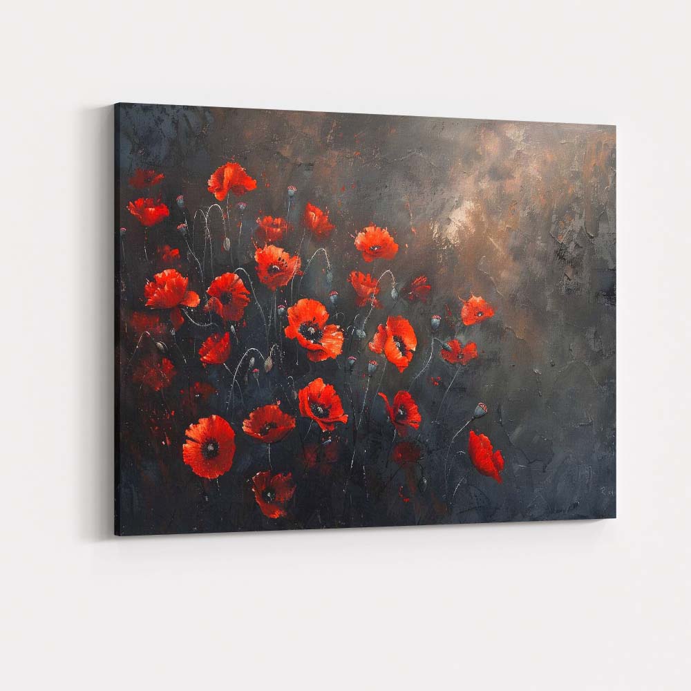 Contemporary Red Poppy Floral Dark Moody Botanical Canvas Wall Art Print Decor Picture Ready to Hang