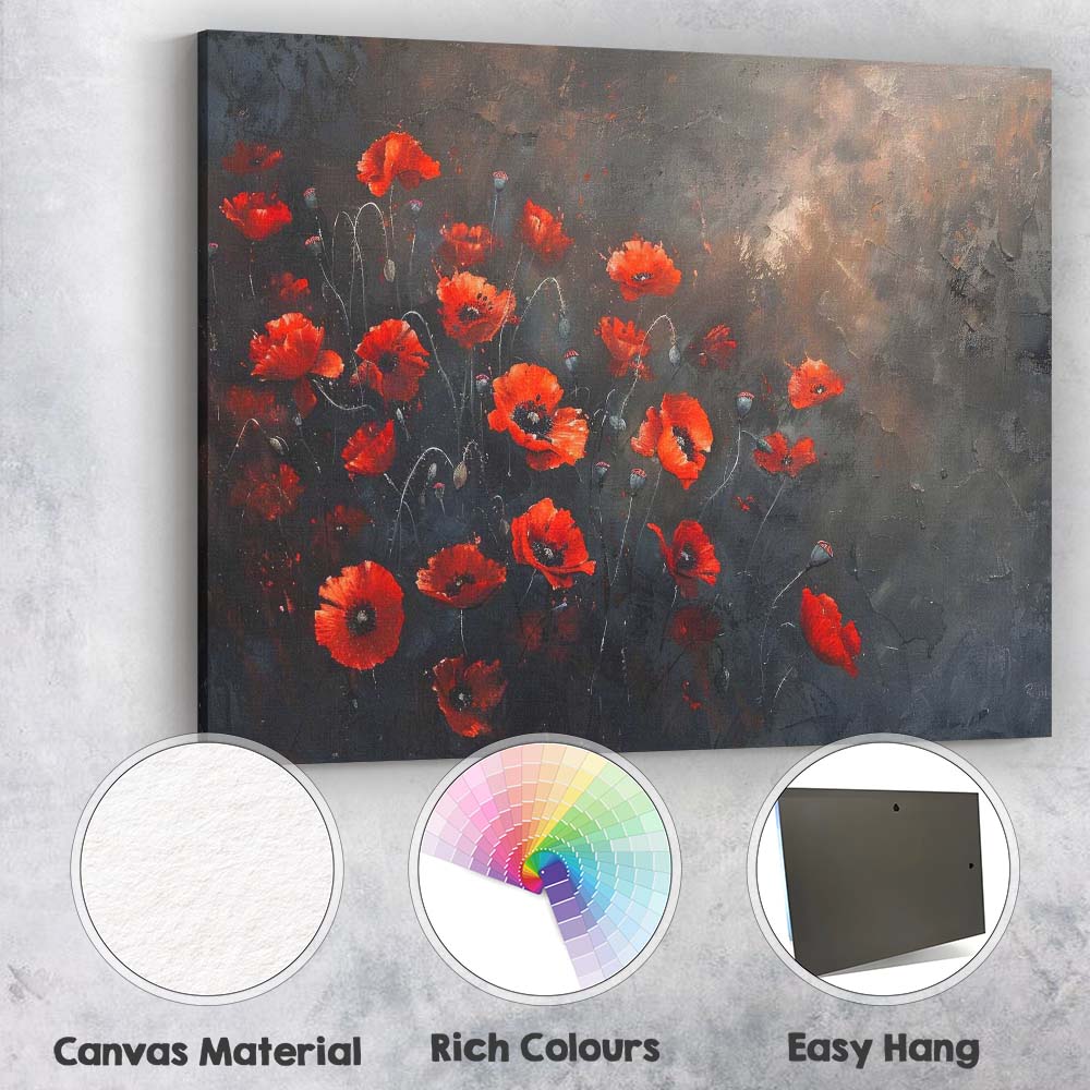 Contemporary Red Poppy Floral Dark Moody Botanical Canvas Wall Art Print Decor Picture Ready to Hang