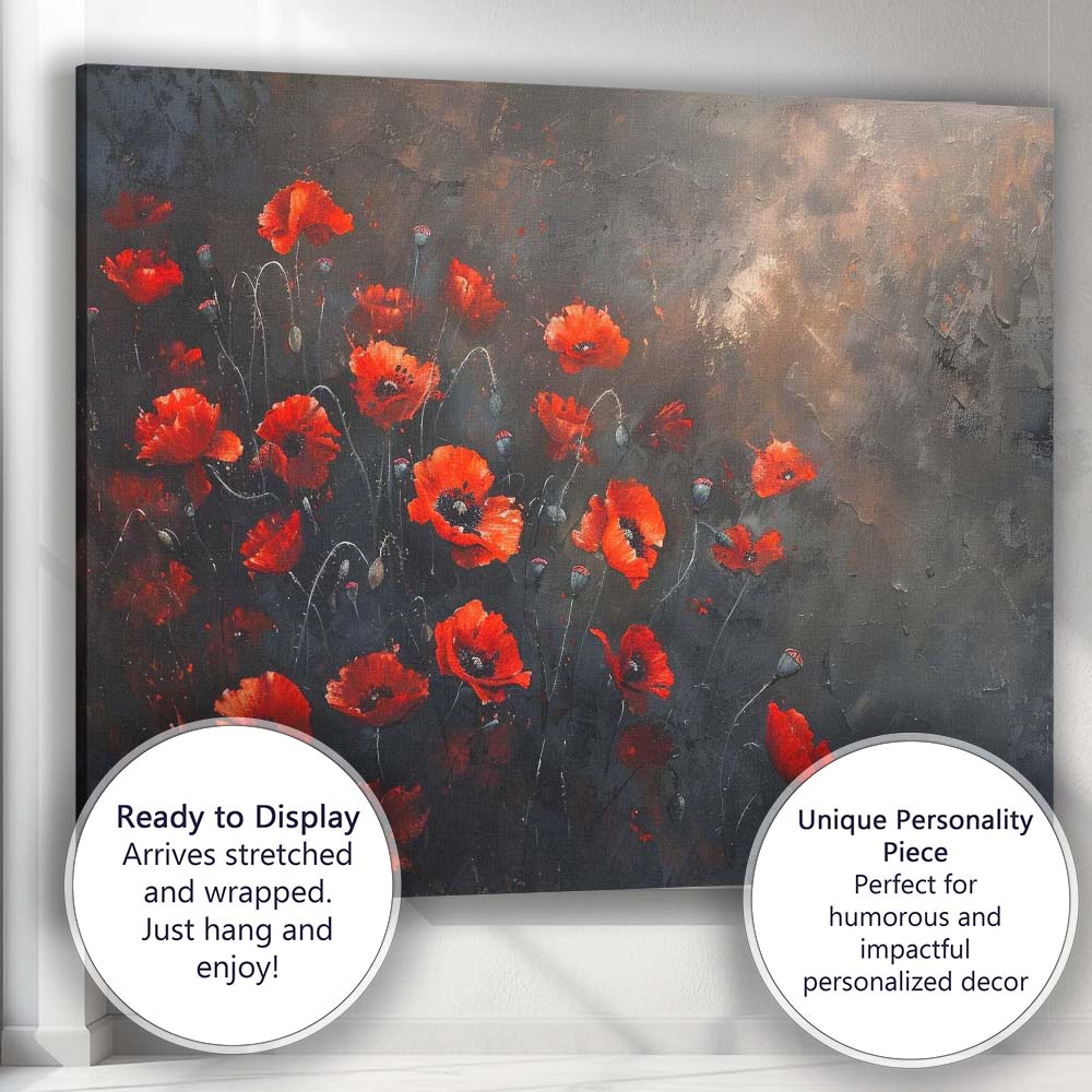 Contemporary Red Poppy Floral Dark Moody Botanical Canvas Wall Art Print Decor Picture Ready to Hang