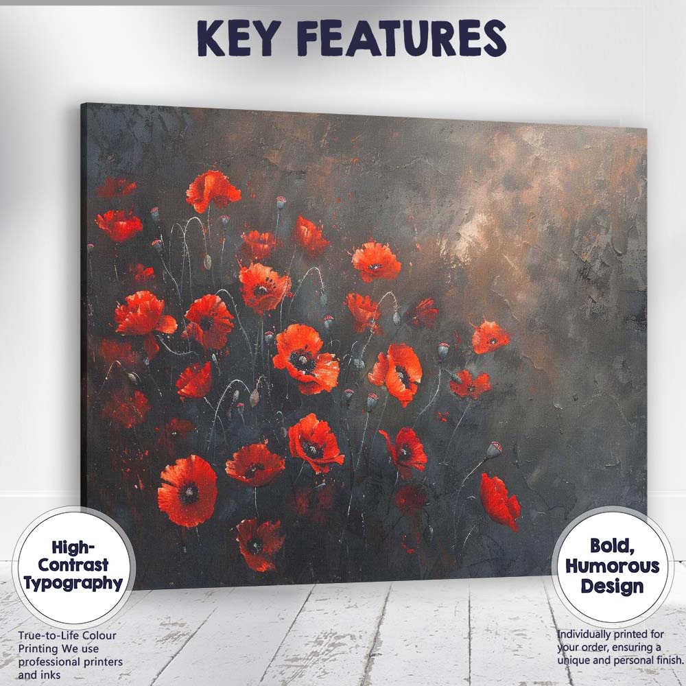 Contemporary Red Poppy Floral Dark Moody Botanical Canvas Wall Art Print Decor Picture Ready to Hang