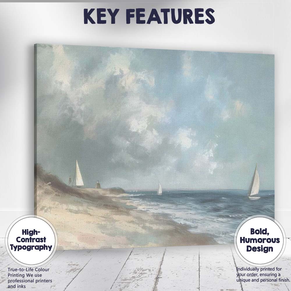Soft Coastal Seascape Sailing Boats Beach Landscape Canvas Wall Art Print Decor Picture Ready to Hang