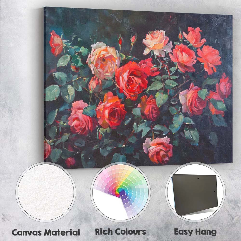 Elegant Coral Pink Rose Bouquet Dark Floral Still Life Canvas Wall Art Print Decor Picture Ready to Hang