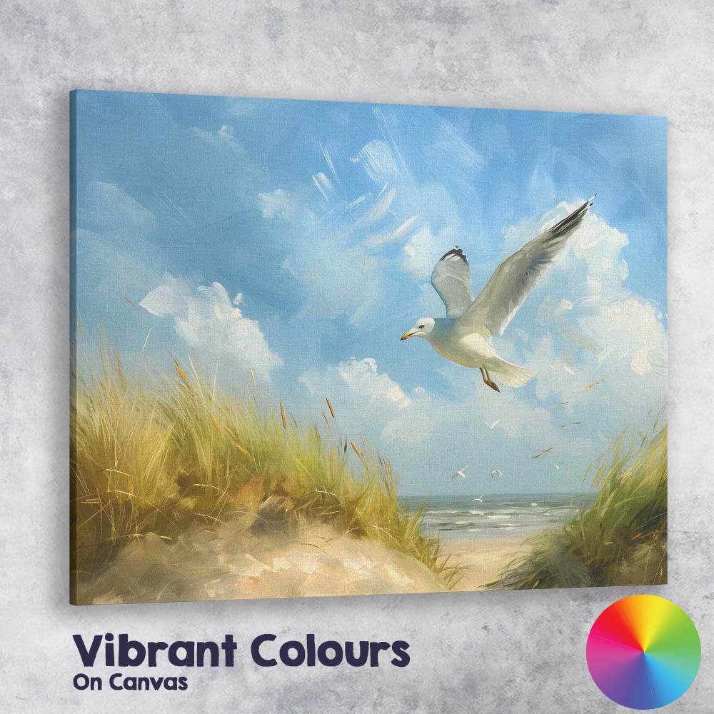 Coastal Seagull Flying Over Sand Dunes Beach Canvas Wall Art Print Decor Picture Ready to Hang