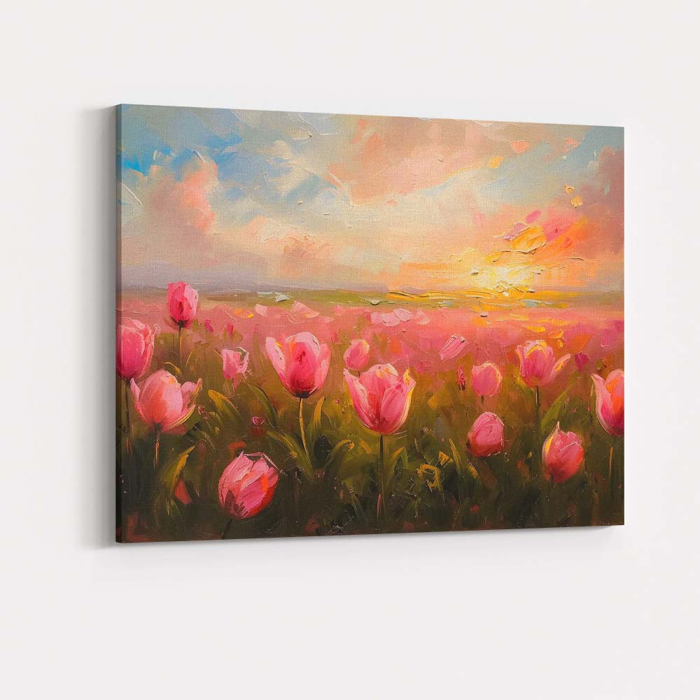 Romantic Pink Tulip Field Sunset Impressionist Landscape Canvas Wall Art Print Decor Picture Ready to Hang