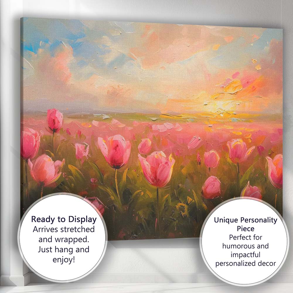 Romantic Pink Tulip Field Sunset Impressionist Landscape Canvas Wall Art Print Decor Picture Ready to Hang