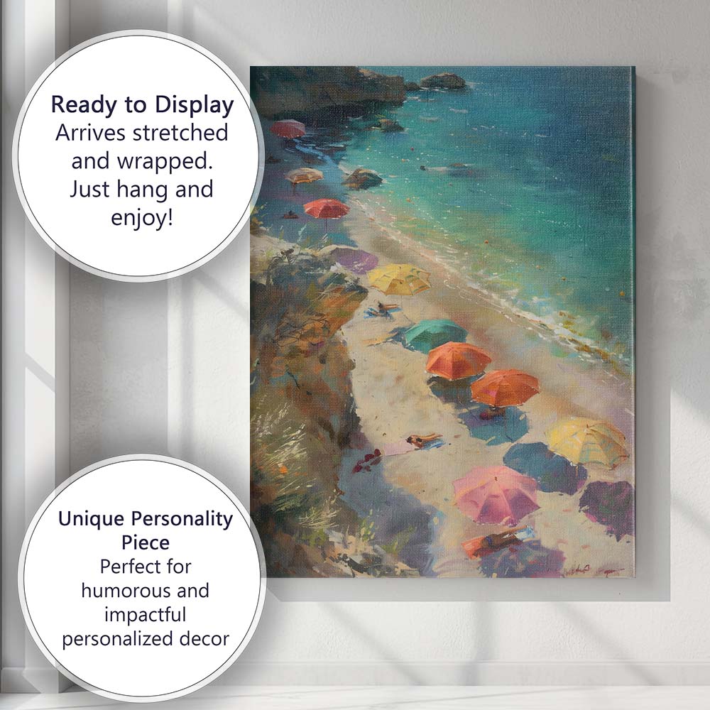 Abstract Impressionist Turquoise Beach Colourful Parasols Coastal Summer Seascape Canvas Wall Art Print Decor Picture Ready to Hang