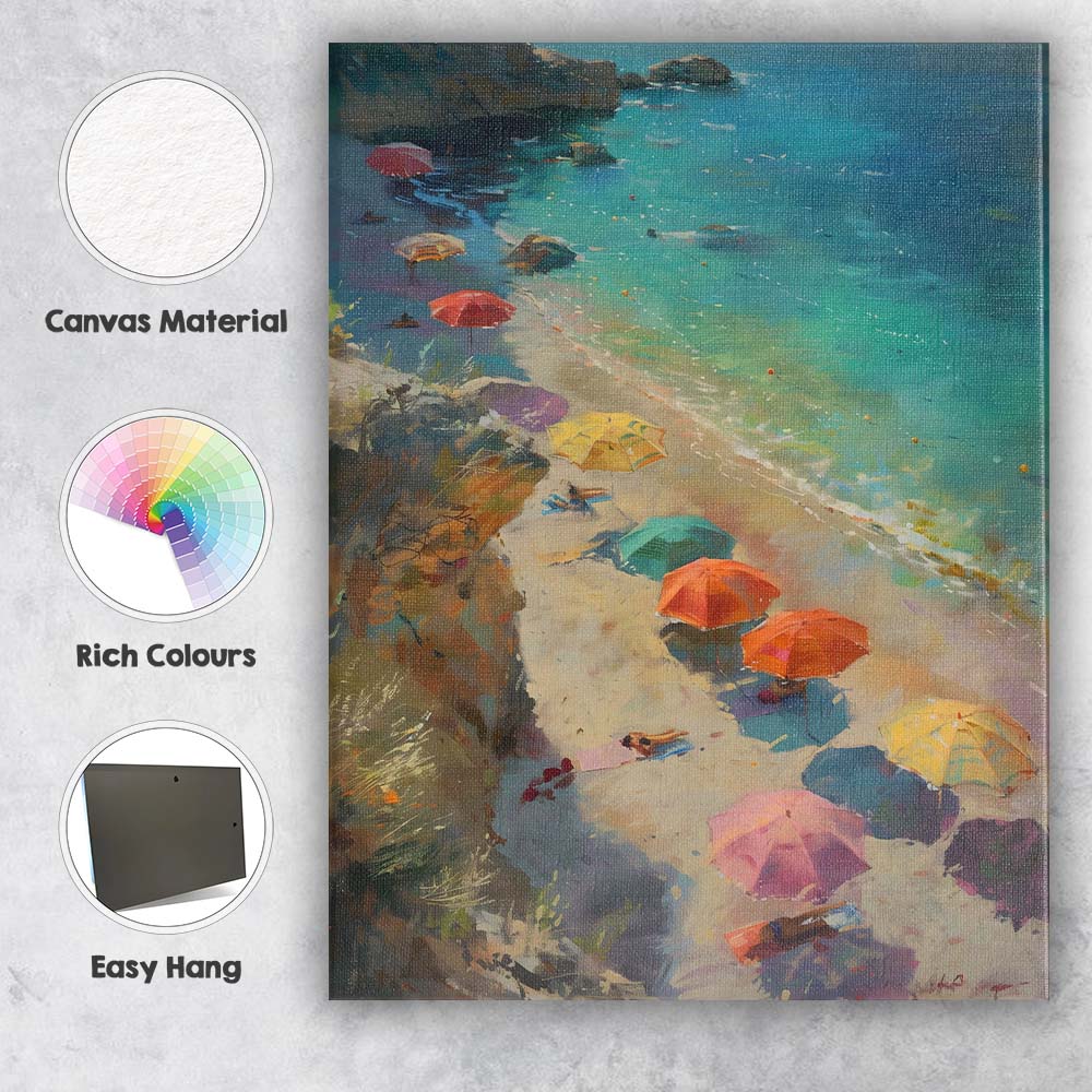 Abstract Impressionist Turquoise Beach Colourful Parasols Coastal Summer Seascape Canvas Wall Art Print Decor Picture Ready to Hang