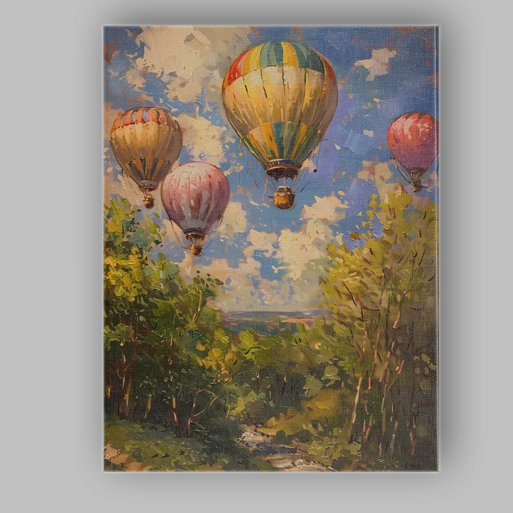 Colourful Hot Air Balloons Blue Sky Woodland Landscape Impressionist Canvas Wall Art Print Decor Picture Ready to Hang