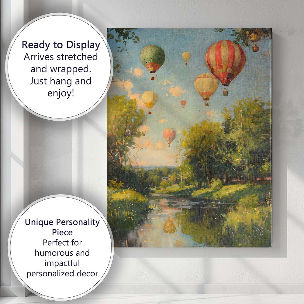 Scenic Hot Air Balloon Festival Riverside Countryside Landscape Impressionist Canvas Wall Art Print Decor Picture Ready to Hang