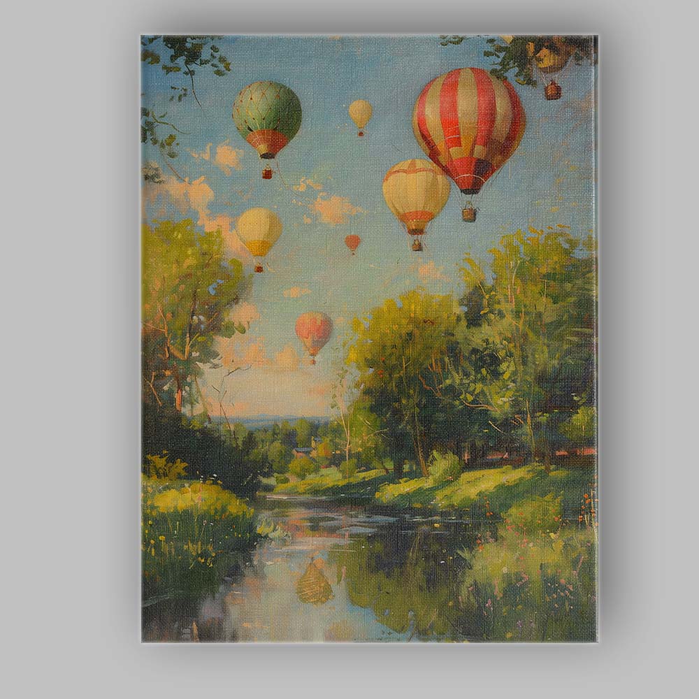 Scenic Hot Air Balloon Festival Riverside Countryside Landscape Impressionist Canvas Wall Art Print Decor Picture Ready to Hang