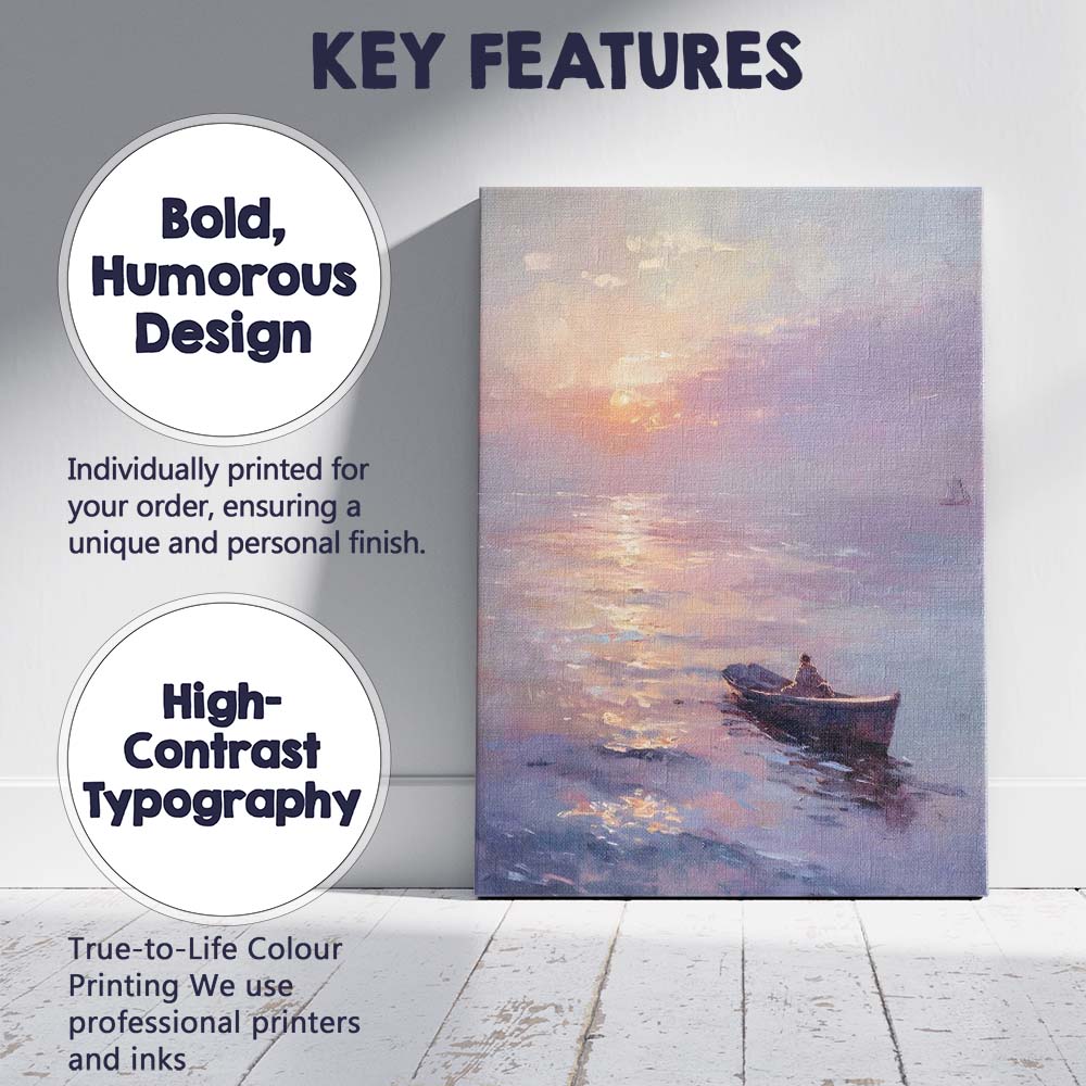 Dreamy Pastel Sunset Calm Sea Lone Boat Impressionist Seascape Canvas Wall Art Print Decor Picture Ready to Hang