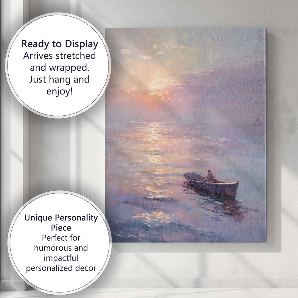 Dreamy Pastel Sunset Calm Sea Lone Boat Impressionist Seascape Canvas Wall Art Print Decor Picture Ready to Hang