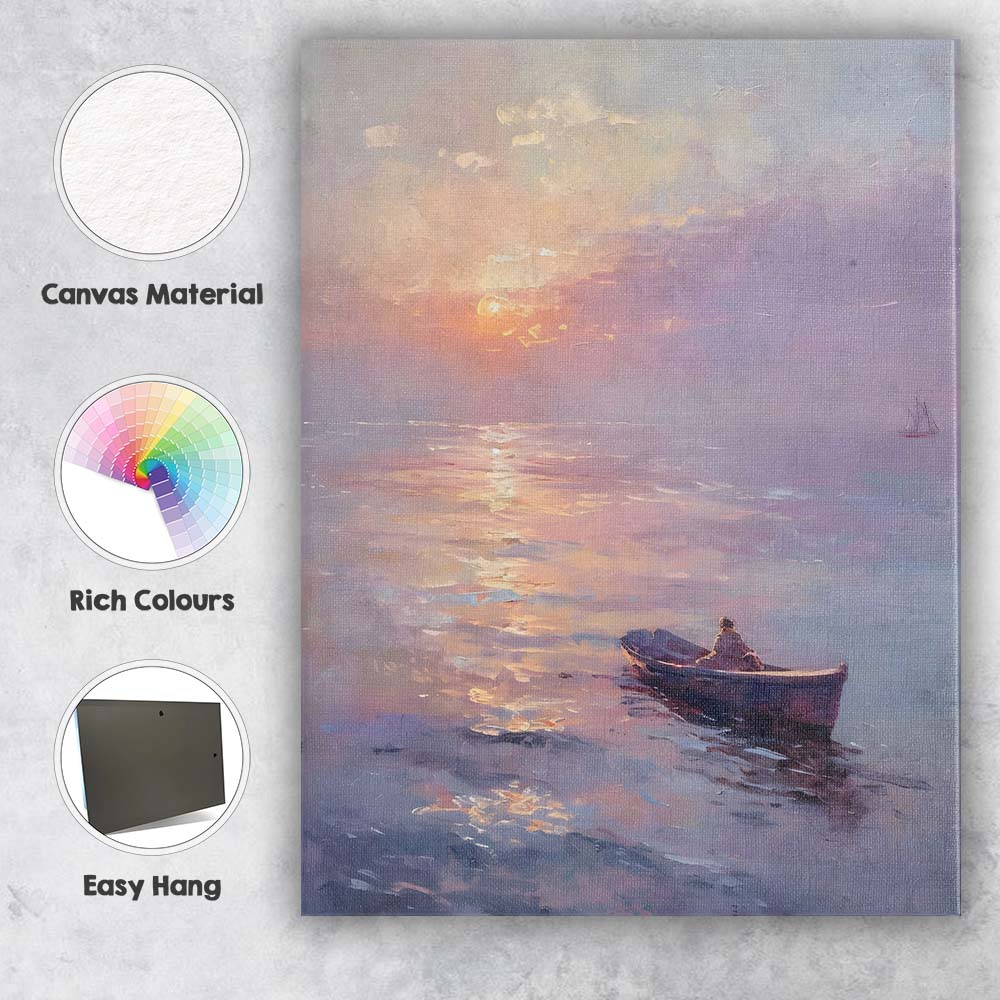 Dreamy Pastel Sunset Calm Sea Lone Boat Impressionist Seascape Canvas Wall Art Print Decor Picture Ready to Hang