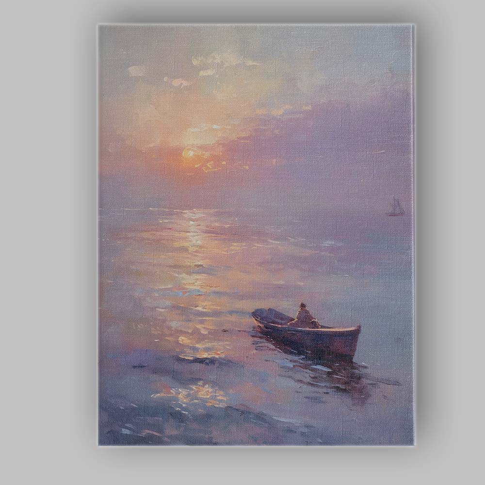 Dreamy Pastel Sunset Calm Sea Lone Boat Impressionist Seascape Canvas Wall Art Print Decor Picture Ready to Hang