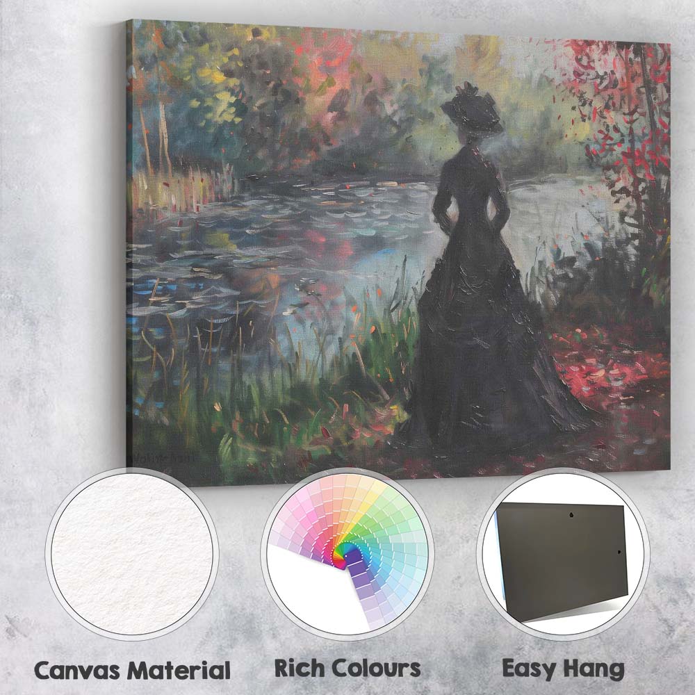 Impressionist Victorian Lady By Tranquil Garden Lake Elegant Landscape Canvas Wall Art Print Decor Picture Ready to Hang