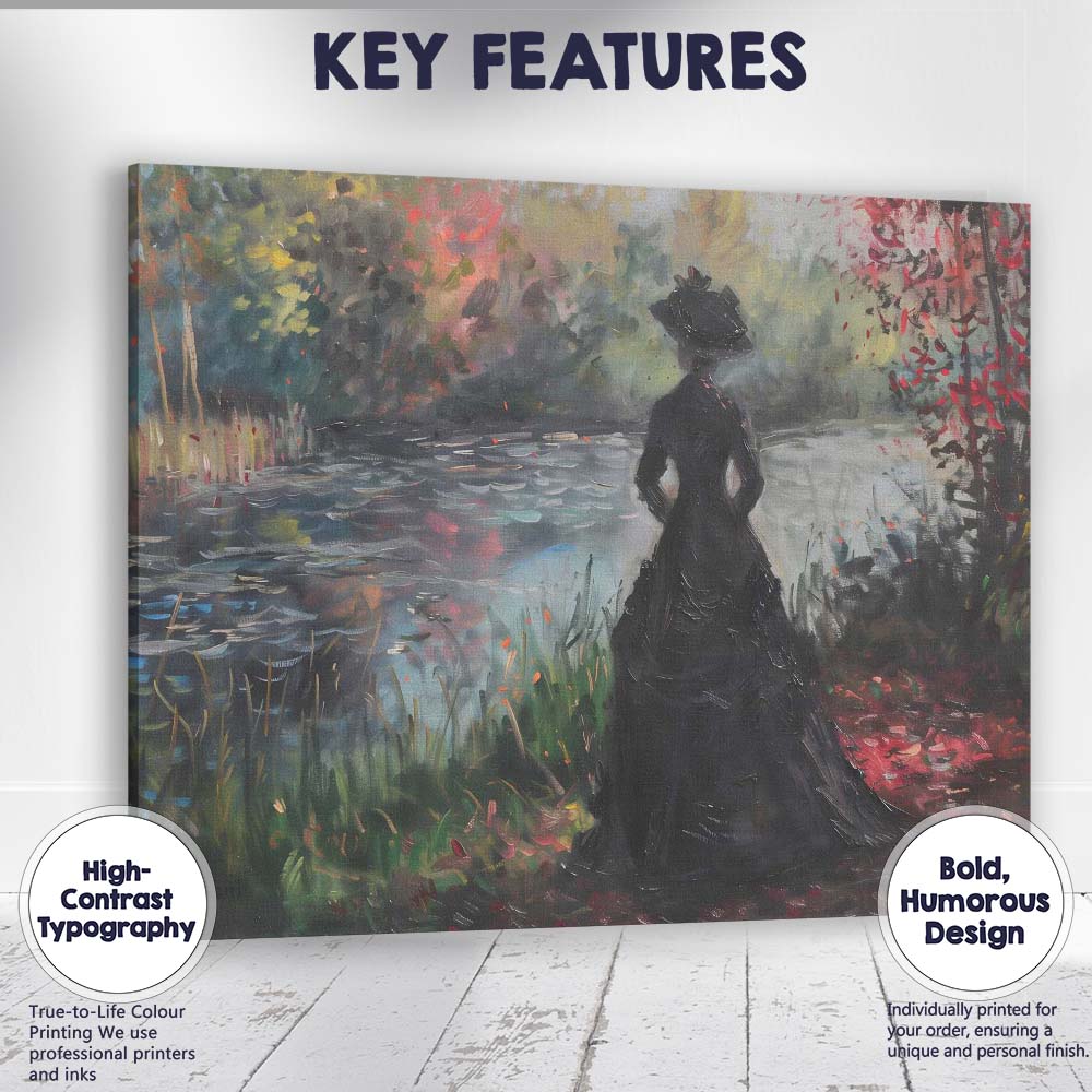 Impressionist Victorian Lady By Tranquil Garden Lake Elegant Landscape Canvas Wall Art Print Decor Picture Ready to Hang
