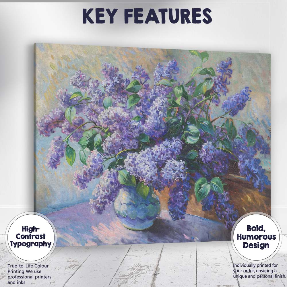 Purple Lilac Bouquet In Ceramic Vase Impressionist Floral Still Life Canvas Wall Art Print Decor Picture Ready to Hang