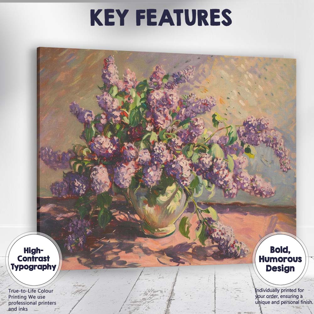 Lavender Lilac Bouquet In Glass Vase Impressionist Floral Still Life Canvas Wall Art Print Decor Picture Ready to Hang