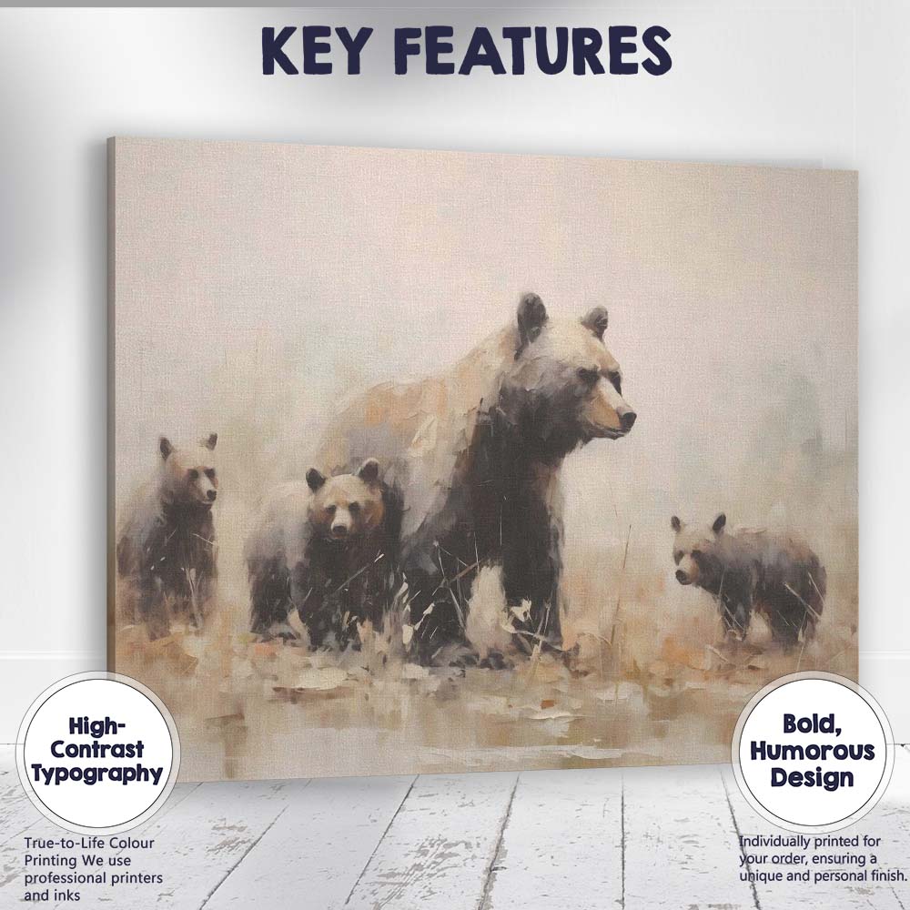 Watercolour Brown Bear Family Wildlife Nature Canvas Wall Art Print Decor Picture Ready to Hang