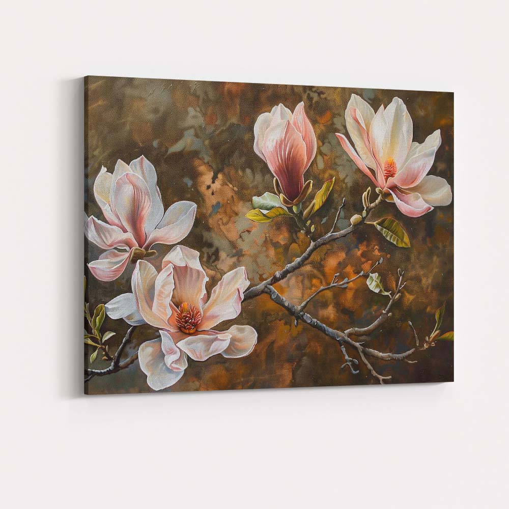 Elegant White Pink Magnolia Flowering Branch Botanical Painting Canvas Wall Art Print Decor Picture Ready to Hang